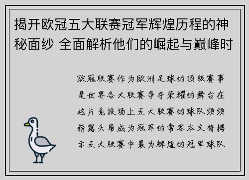 揭开欧冠五大联赛冠军辉煌历程的神秘面纱 全面解析他们的崛起与巅峰时刻